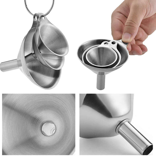 3X Stainless Steel Funnel Oil Liquid Funnel Metal Funnel With Hanging Rings