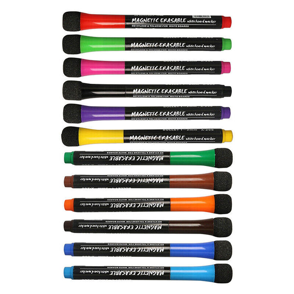 2 Set 12 Colour White Board Fridge Marker Pen Magnetic Dry Wipe Erase Fine Tip - Lets Party