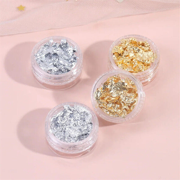 12PCS Gold Silver Foil Flakes Leaf Wrap Nail Art Acrylic Gel Polish Nail Tool AU