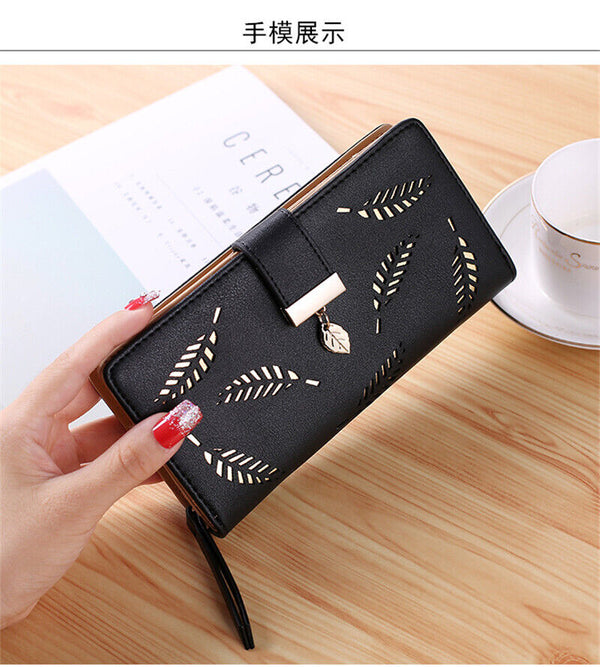 2X Womens Long Leaf Bifold Wallet Leather Card Holder Purse Zipper Buckle Clutch