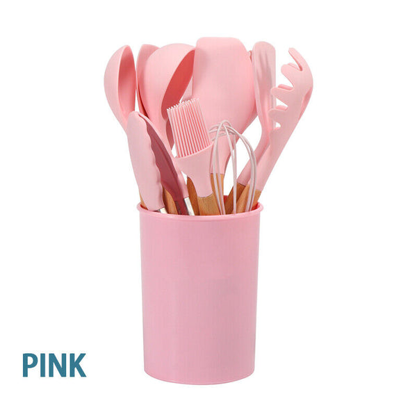 12Pcs Pink Silicone Utensils Cooking Kitchen Set Wooden Baking Cookware BPA - Lets Party