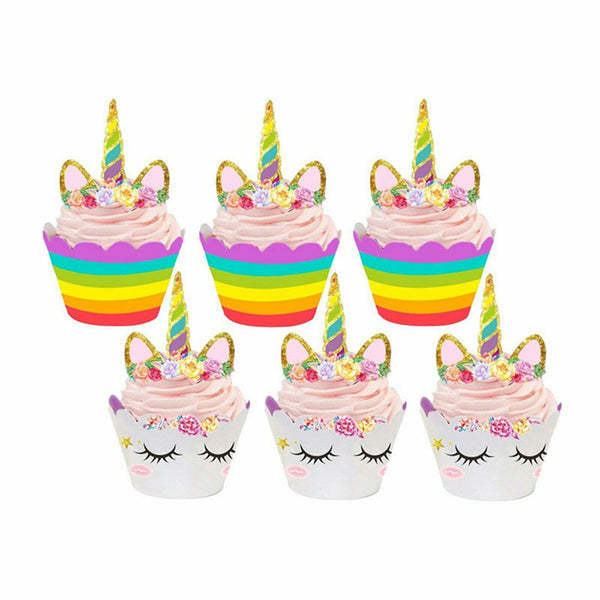 24 Piece Unicorn Cupcake Toppers Wrappers Birthday Party Cake Lolly Loot Bag - Lets Party