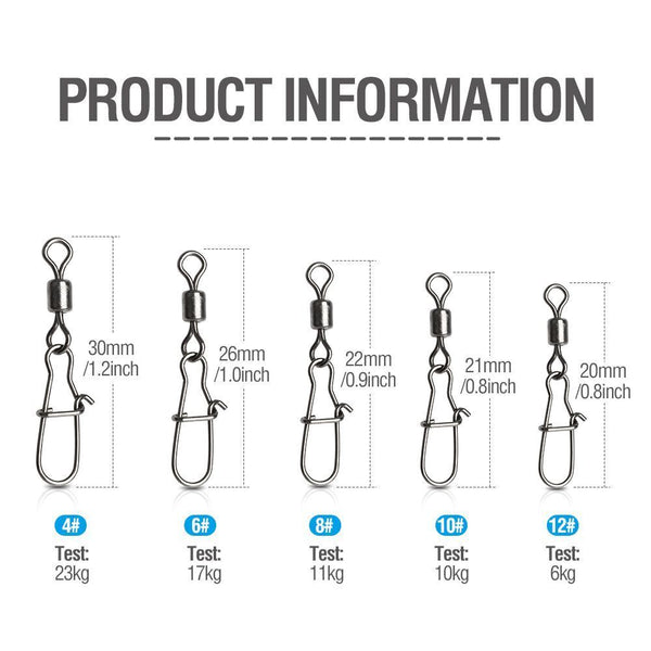 100Pcs Fishing Rolling Barrel Swivel with Nice Snap Tackle Connector Size 4#-12#