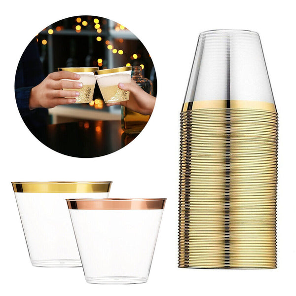 50PCS Plastic Wine Glass Champagne Glasses Drink Cup Cocktail Party GOLD AU