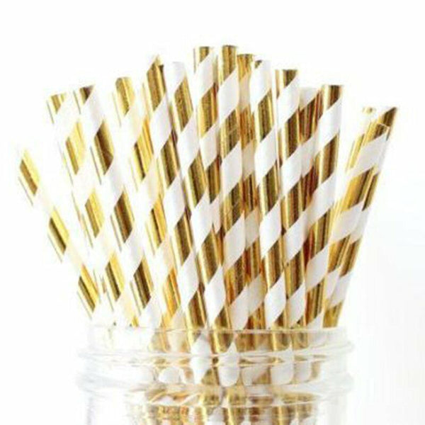 25X Colourful Paper Drinking Straws Straw FOIL Metallic Striped Party Wedding DI