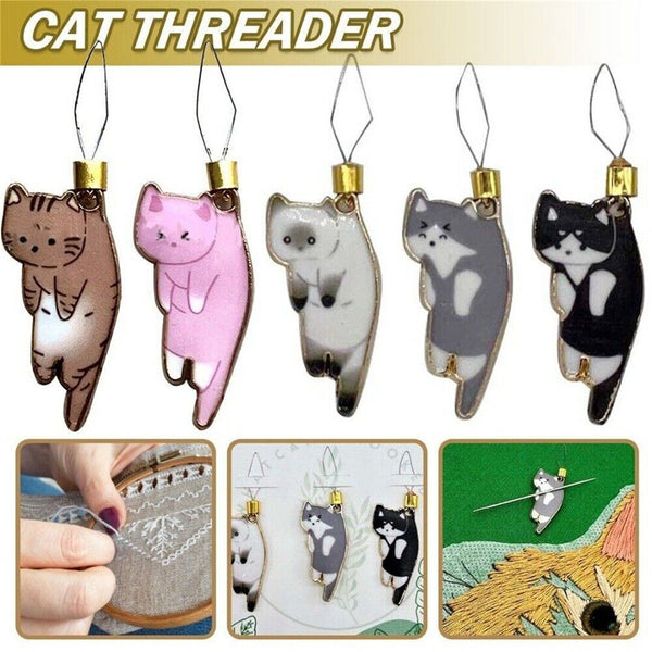 2x Cat Needle Threader Mini Cute Magnetic Needle Minder Sewing Threading Guide