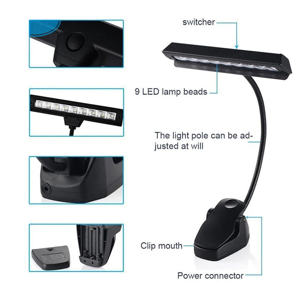 9 LED Flexible Clip-on Music Stand Reading Light Bed Table Desk Lamp Black