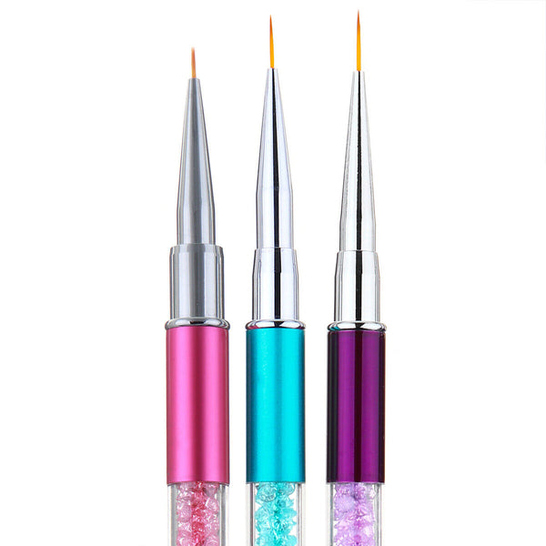 3Pcs Nail Art Liner Brush Pen Rhinestone Handle Salon Using Nylon Hair Brushes