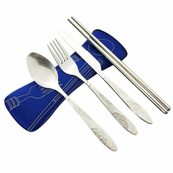 5 Pcs Cutlery Travel Knife Fork Portable Bag Stainless Steel Spoon Chopstick Set