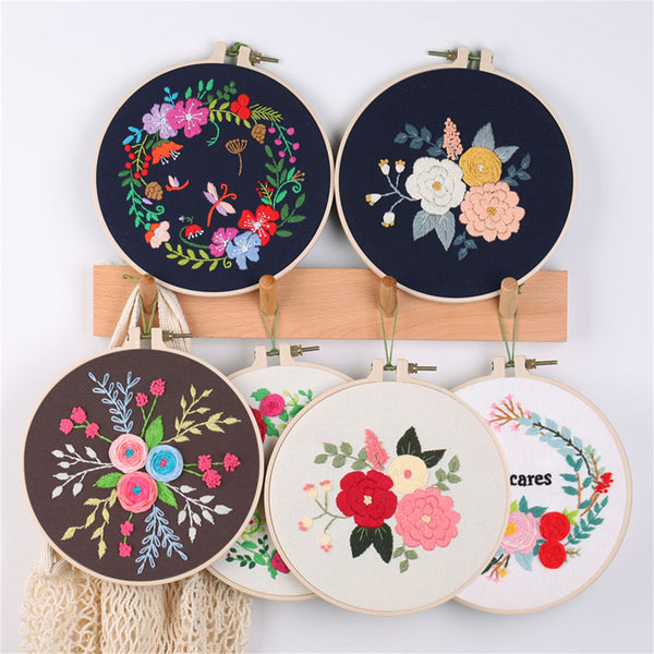 Flowers Pattern Embroidery Kits Craft Beginner Needlepoint Hoop Cross Stitch DIY