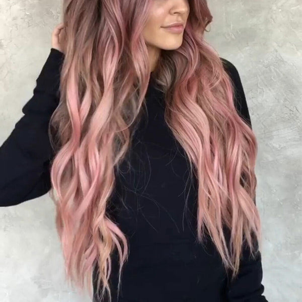 Women Long Wig Color Pink hair Ombre Rose Hair Taro Hairstyle Black Wavy hair AU