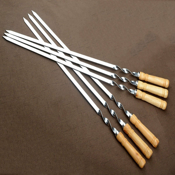 6X 55cm Flat Kebab Skewers Stainless Steel BBQ Meat Stick Barbecue Wooden Handle
