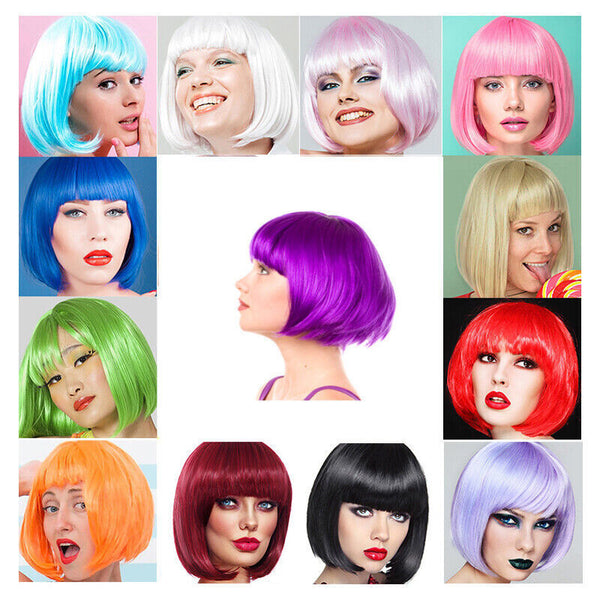 Womens Short Straight BOB Sleek Hair with bang Synthetic Cosplay Wig Wigs Party