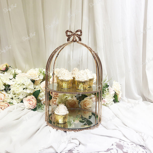2Tiers Glossy Gold Mirror Birdcage Cup Cake Stand High Tea Plate Wedding Party