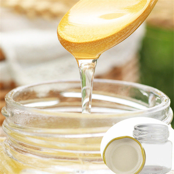 50 Hexagon Mini Glass Jar with Wood Dipper Gold Lid Bee Pendant Jute Rope Small