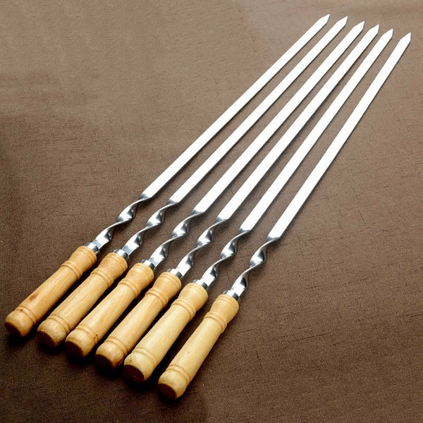 6X 55cm Flat Kebab Skewers Stainless Steel BBQ Meat Stick Barbecue Wooden Handle