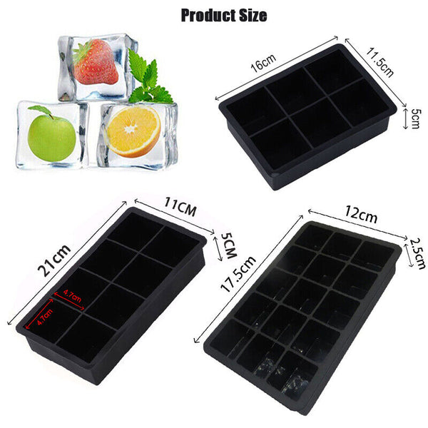 6/8/15 Grids Silicone Ice Cube Tray Large Mould Mold Giant Maker Square Black