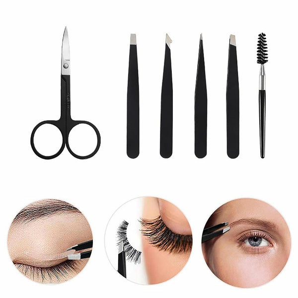 6x Professional Eyebrow Tweezers Set Plucker Puller Slanted Pointed Tip Manicure