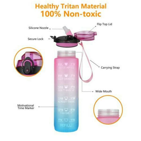 1L Water Bottle Drink Flask With Time Markings BPA Free Sport Gym Motivational