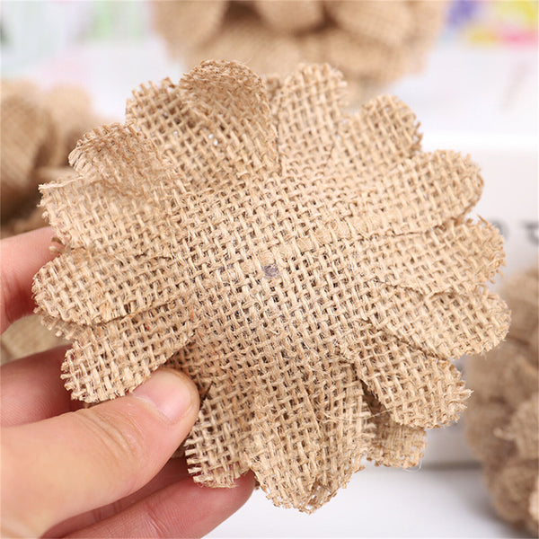 5Pcs Flowers DIY Hessian Jute Burlap Retro Wedding Decoration Pearl Rose Head AU