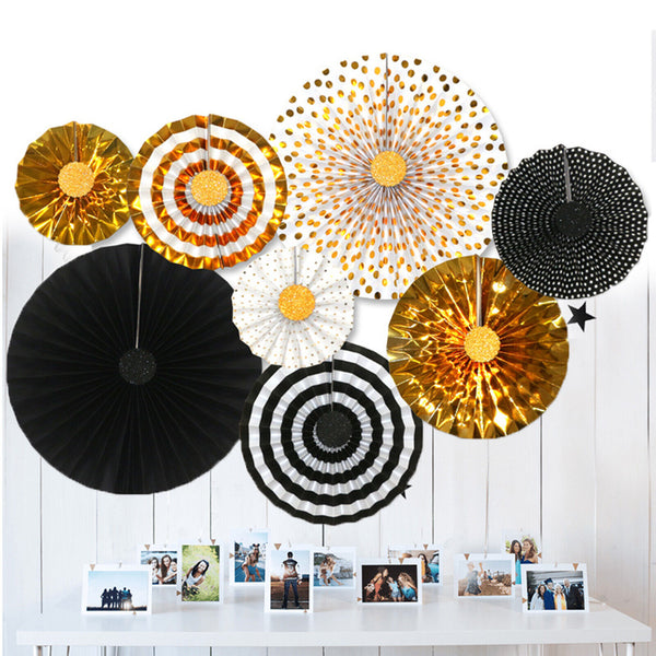 8PCS Paper Fans Party Decorations Bridal Shower Birthday Decorations Black Gold