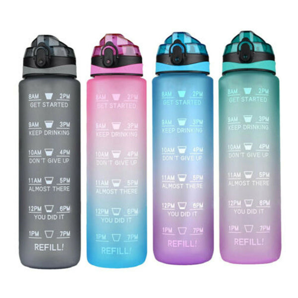 1L Water Bottle Drink Flask With Time Markings BPA Free Sport Gym Motivational