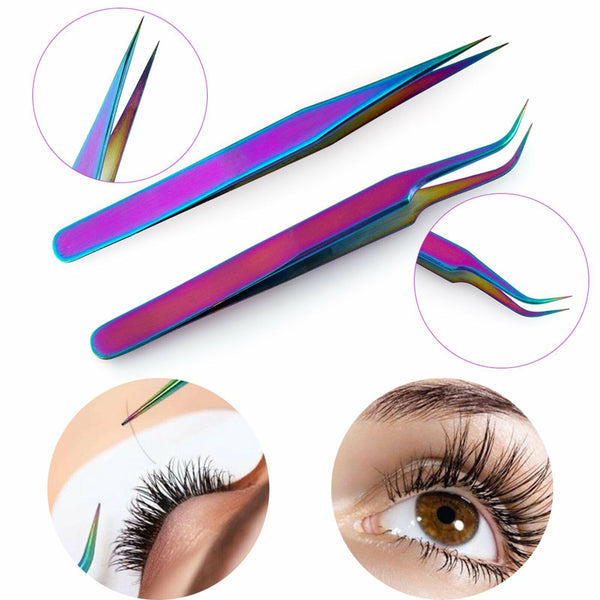 2pcs Eyelash Tweezers Eye Lash Clip Remover Tool False Extension Curved Pointed