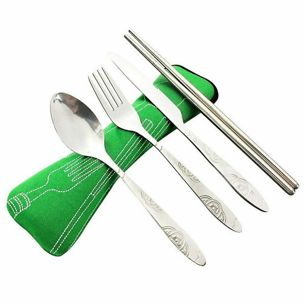 5 Pcs Cutlery Travel Knife Fork Portable Bag Stainless Steel Spoon Chopstick Set