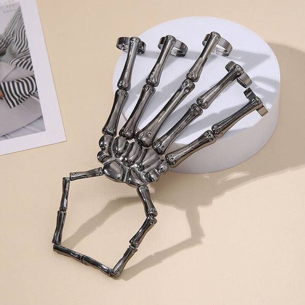 Punk Skeleton Hand Bone Five Finger Ring Bracelet Adjustable Halloween Brace AU