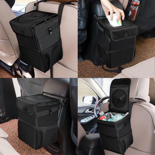 Waterproof Car Trash Can with Lid Bin Waste Basket Storage Garbage Bag Organizer