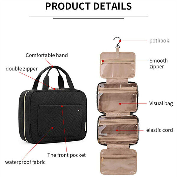 Waterproof Cosmetic Organizer Large Toiletry Bag Hook Travel Makeup Case