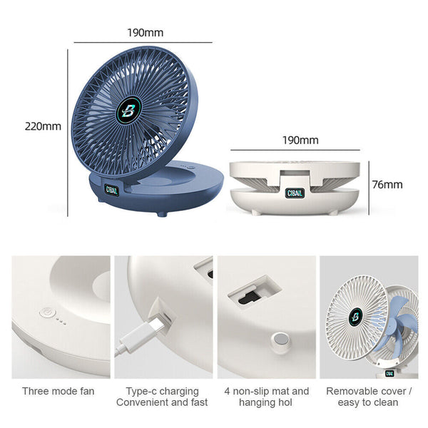 3 Speed Household Wall Hanging Fan Dual Use Rechargeable Kitchen Fan Foldable