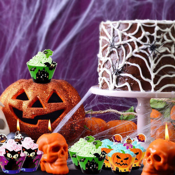 24PCS Halloween Cupcake Toppers Wrappers Halloween Party Decoration