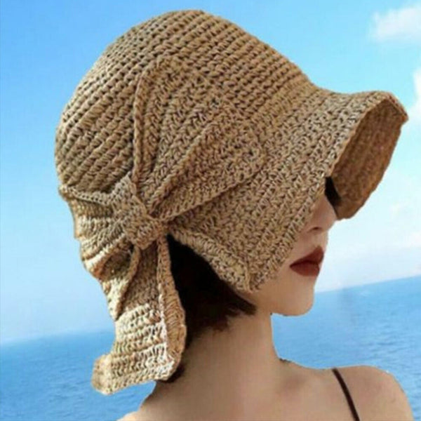 Bow Sun Hats Adjustable Beach Raffia Summer Wide Brim Visor Straw Women Floppy