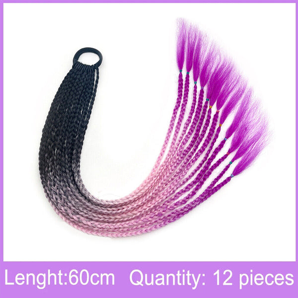 AU Long Braids Colorful Band Pigtail Synthetic Braided Ponytail Hair Extensions
