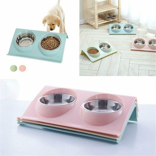 Stainless Steel Double Pet Bowl Twin Dog Food Feeder Station Dish Water Cat AU