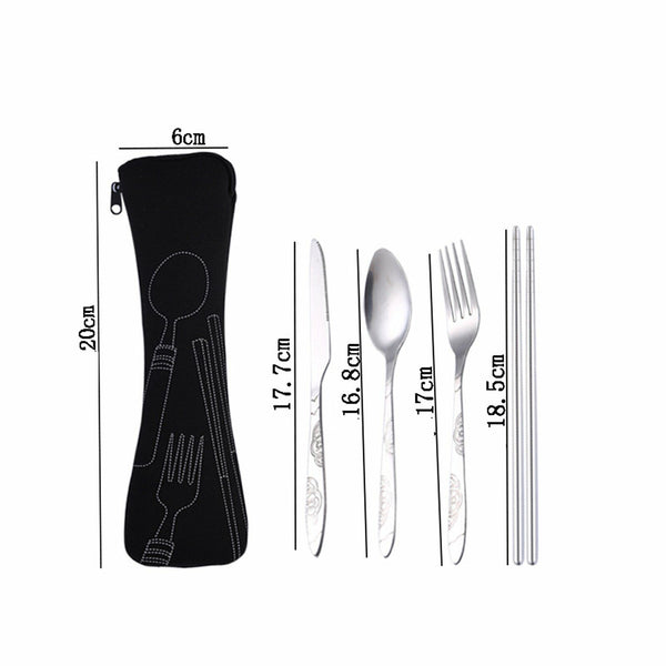 5 Pcs Cutlery Travel Knife Fork Portable Bag Stainless Steel Spoon Chopstick Set