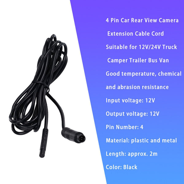 2M Car Reverse Rear View Backup Dash Camera Extension Cable 4Pin Connector Wire
