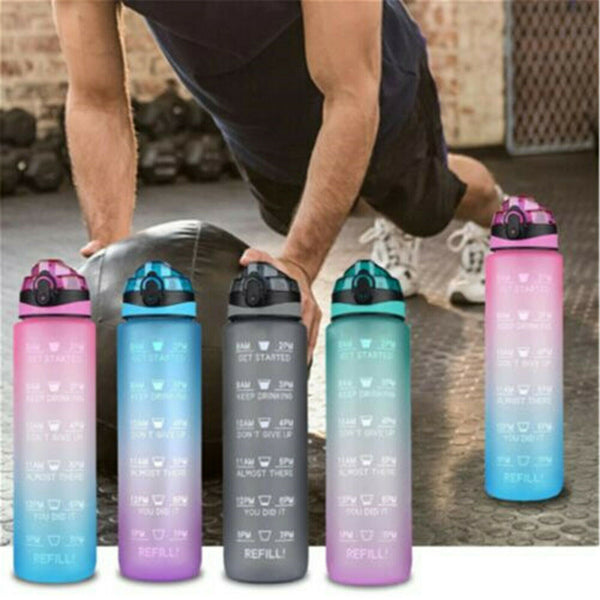 1L Water Bottle Drink Flask With Time Markings BPA Free Sport Gym Motivational