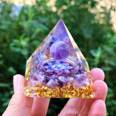Orgonite Pyramid Set – Amethyst Crystal Sphere & Obsidian Stones