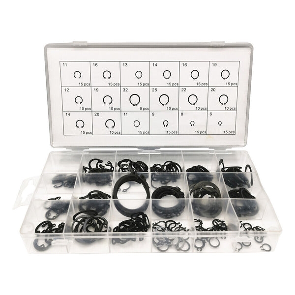 225Pcs 18Sizes C-Clips Snap Ring Heavy Duty Retaining Set  Assortment Black Ring