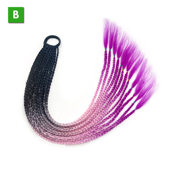 AU Long Braids Colorful Band Pigtail Synthetic Braided Ponytail Hair Extensions