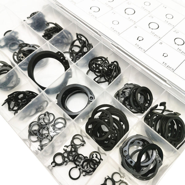 225Pcs 18Sizes C-Clips Snap Ring Heavy Duty Retaining Set  Assortment Black Ring