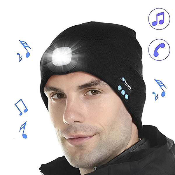 Bluetooth LED Beanie Hat with Music Speakers Mic Rechargeable Cap Head Lamp Gift