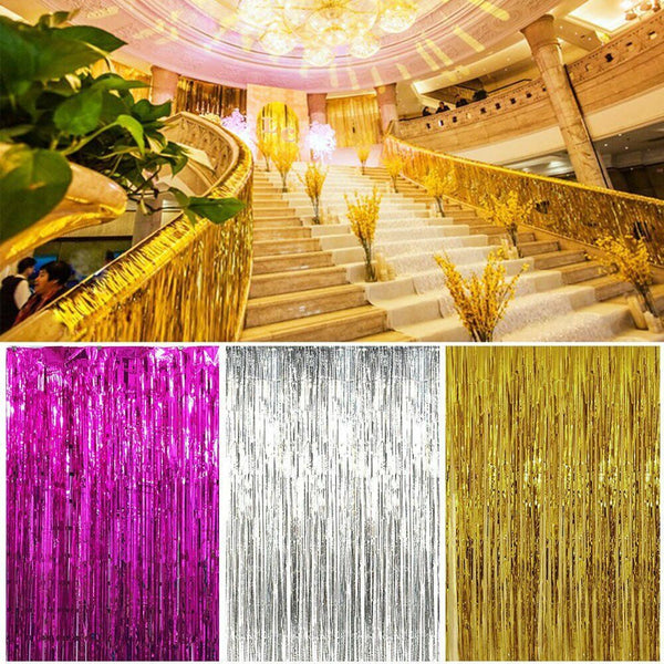 Metallic Tinsel Curtain Foil 1m Backdrop Pom Poms Streamers Hens Party Decor New