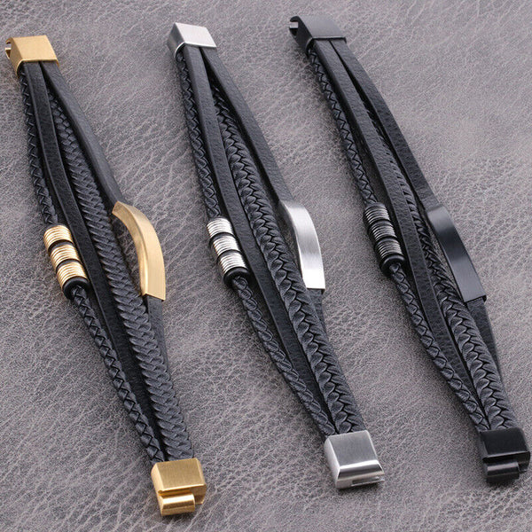 Men's Stainless Steel Leather  Bracelet Multilayer Braided Cuff Magnetic ClaspAU
