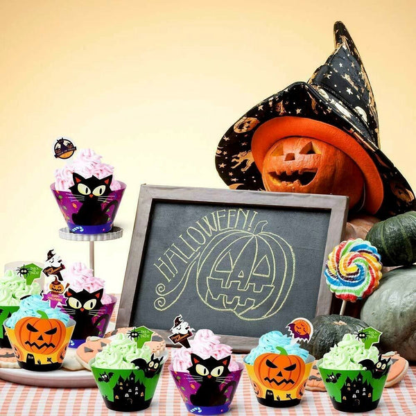 24PCS Halloween Cupcake Toppers Wrappers Halloween Party Decoration