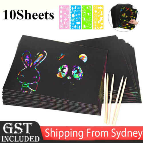 10Sheets Scratch Paper Creative Art Rainbow Paper Sketch Book Bamboo Pens Rulers