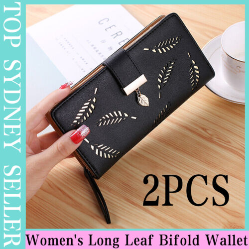 2X Womens Long Leaf Bifold Wallet Leather Card Holder Purse Zipper Buckle Clutch