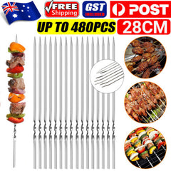 Stainless Steel Barbecue Metal Skewers Flat Needle BBQ Tools Kebab Stick 28CM AU
